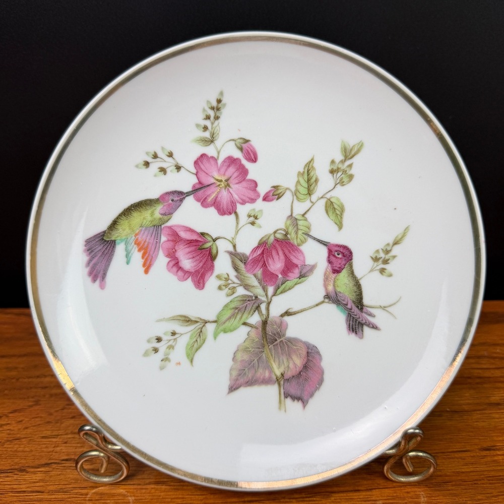 Vintage Royal Halsey Plate Hummingbird Floral Porcelain White 7.75in Collector